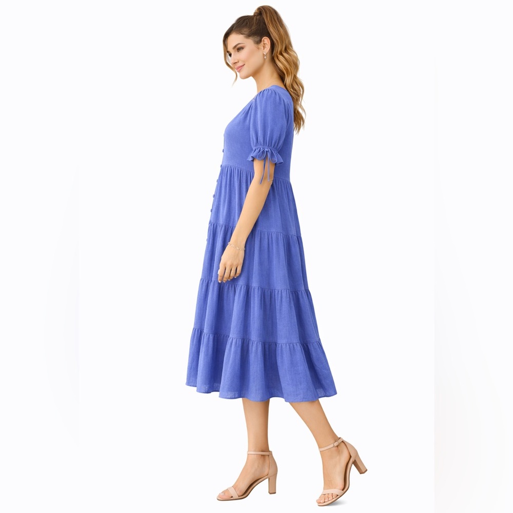 Blue Tiered Midi Dress Boho Cottagecore Button Front Puff Sleeve NWOT Small/Med - Picture 8 of 12